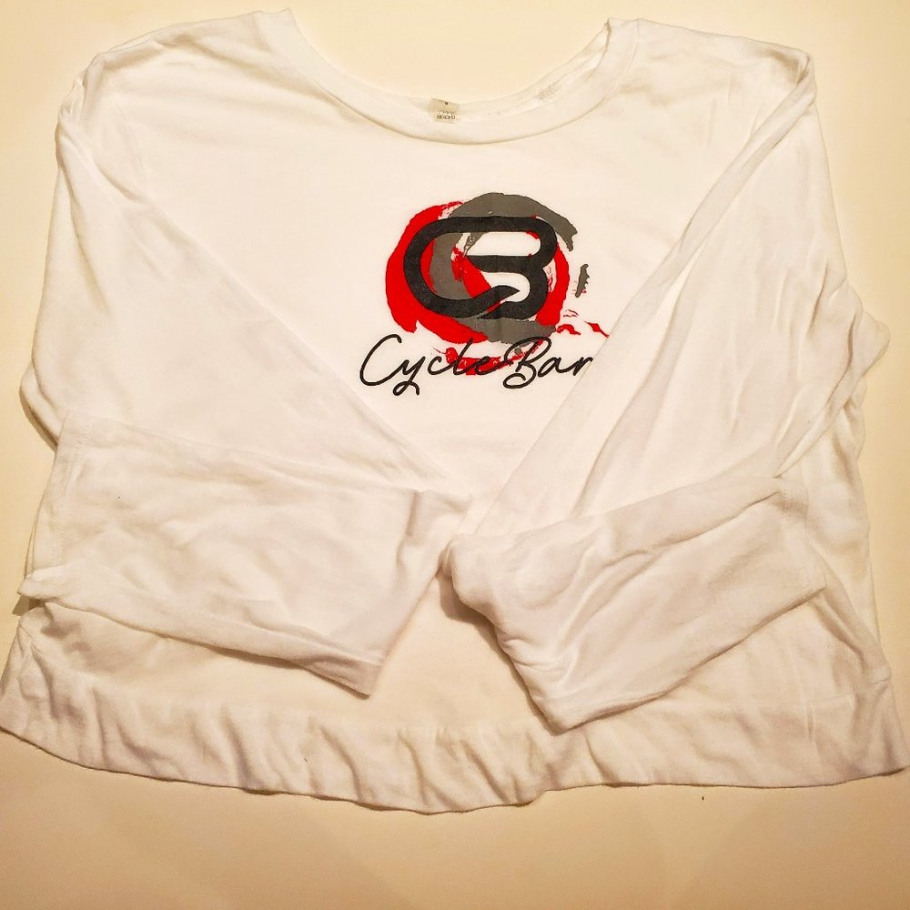 Beyond Yoga Size S White CycleBar Cotton Long Sleeve Cropped Tee with Black Grey